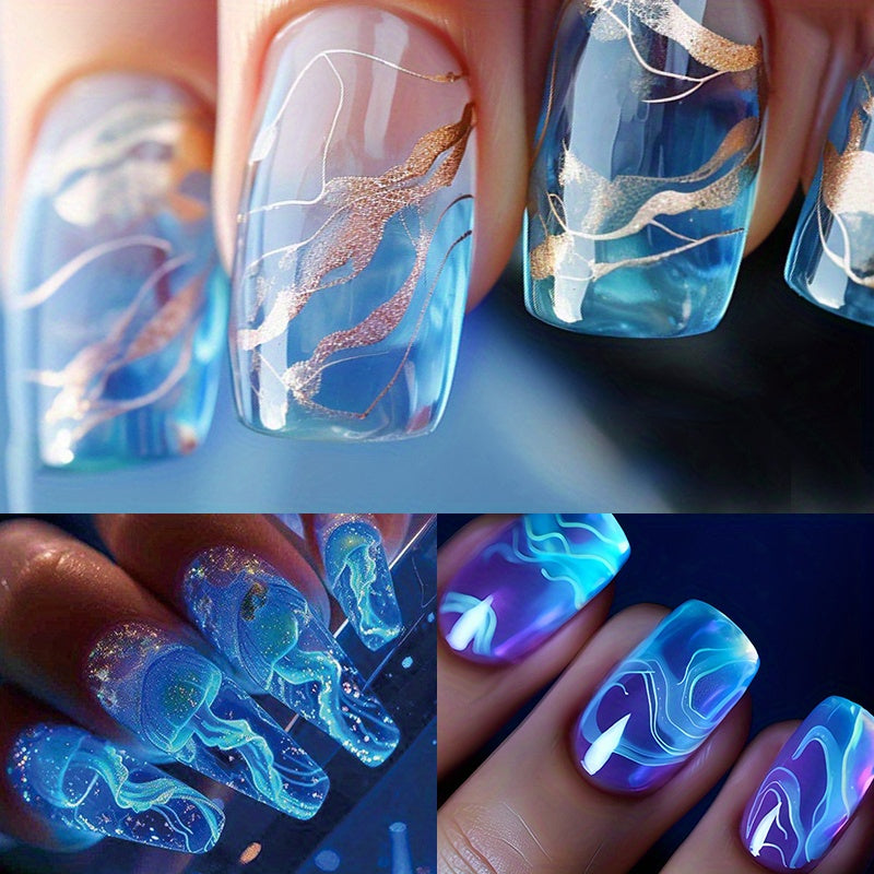 72PCS (3 PACK) fake nail patch, Jellyfish Nail Wear Nail Patch, Europe and the United States wear Nail Under the Sea World Nail Patch and simple cool ice translucent blue halo gradient nail patch line Pure to wear nail